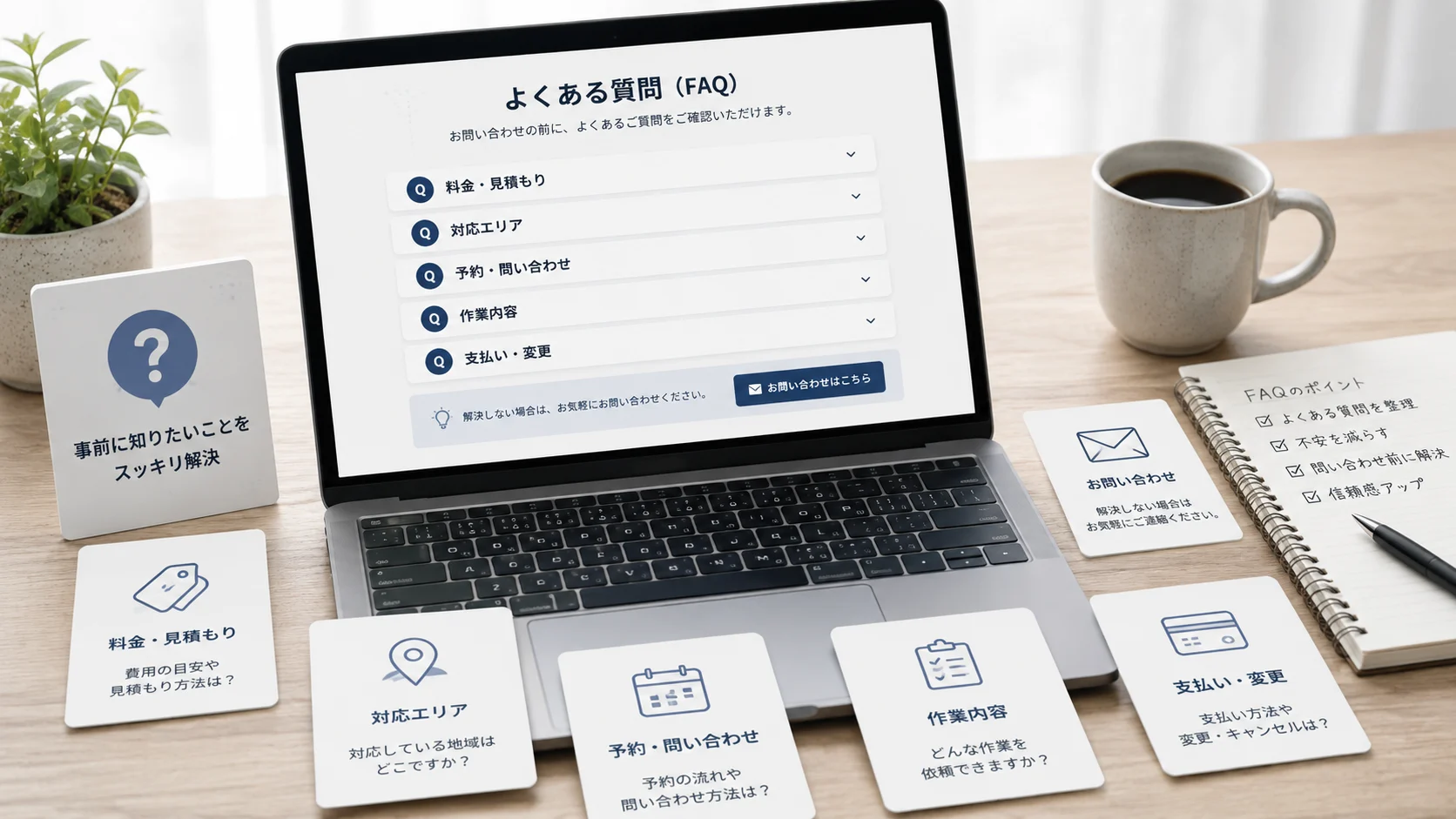 FAQページの質問項目を整理して問い合わせ前の不安を減らしている机上のイメージ