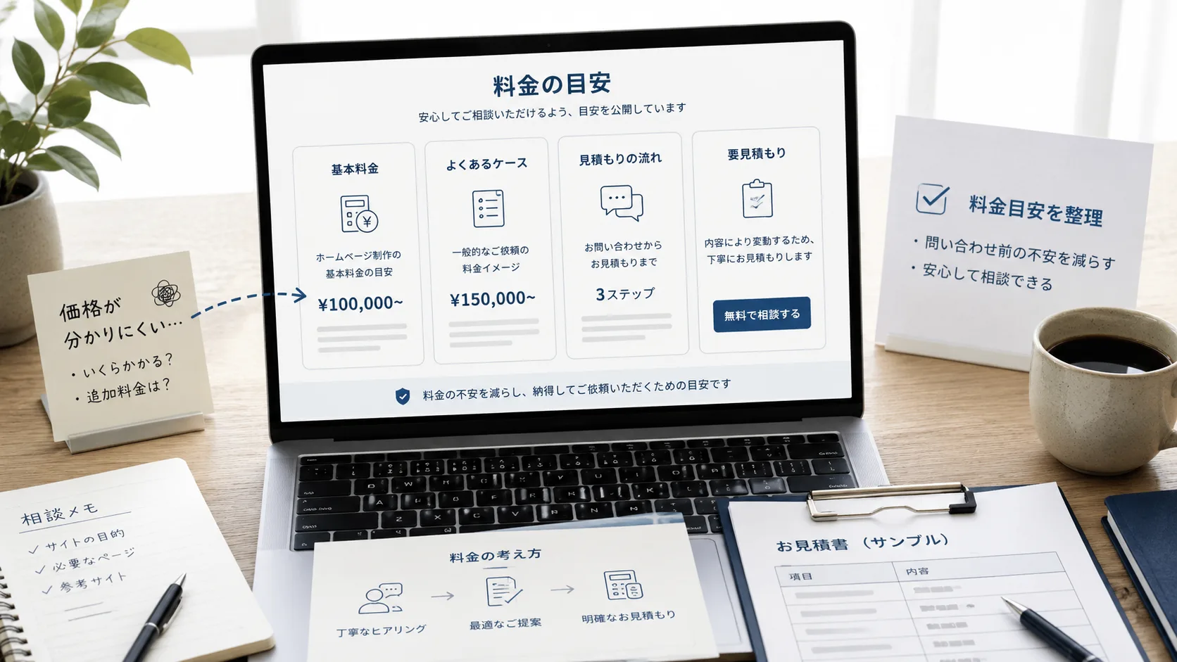 ホームページの料金目安と見積もりの流れを整理している机上のイメージ