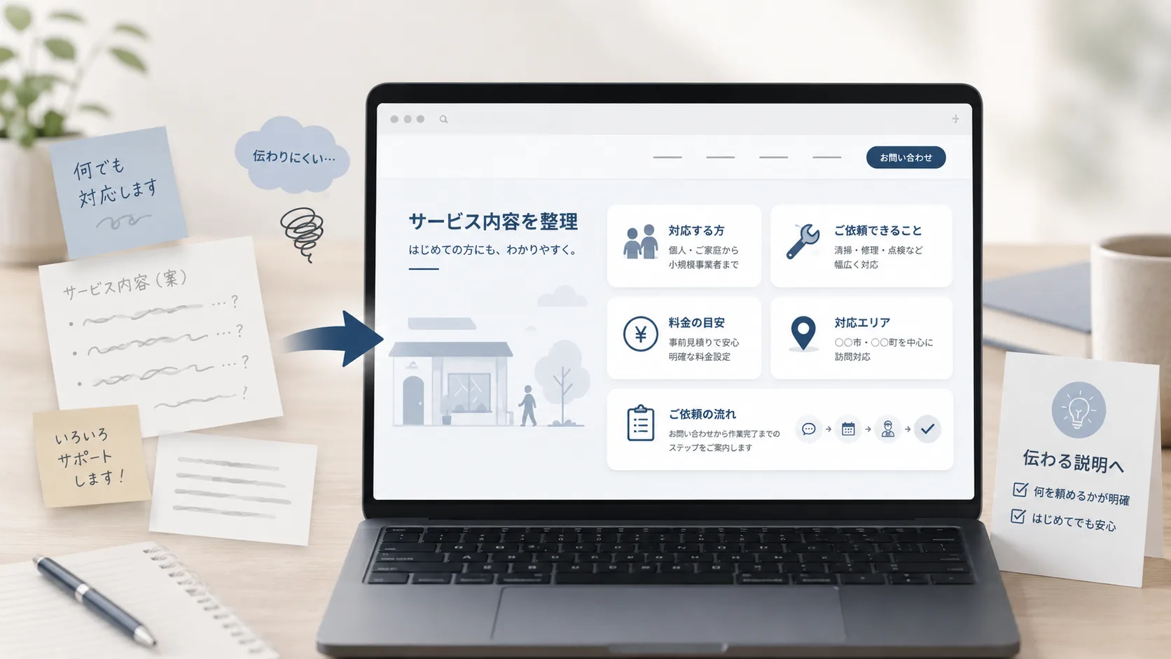 サービス内容を初めて見る人に伝わりやすく整理しているホームページのイメージ