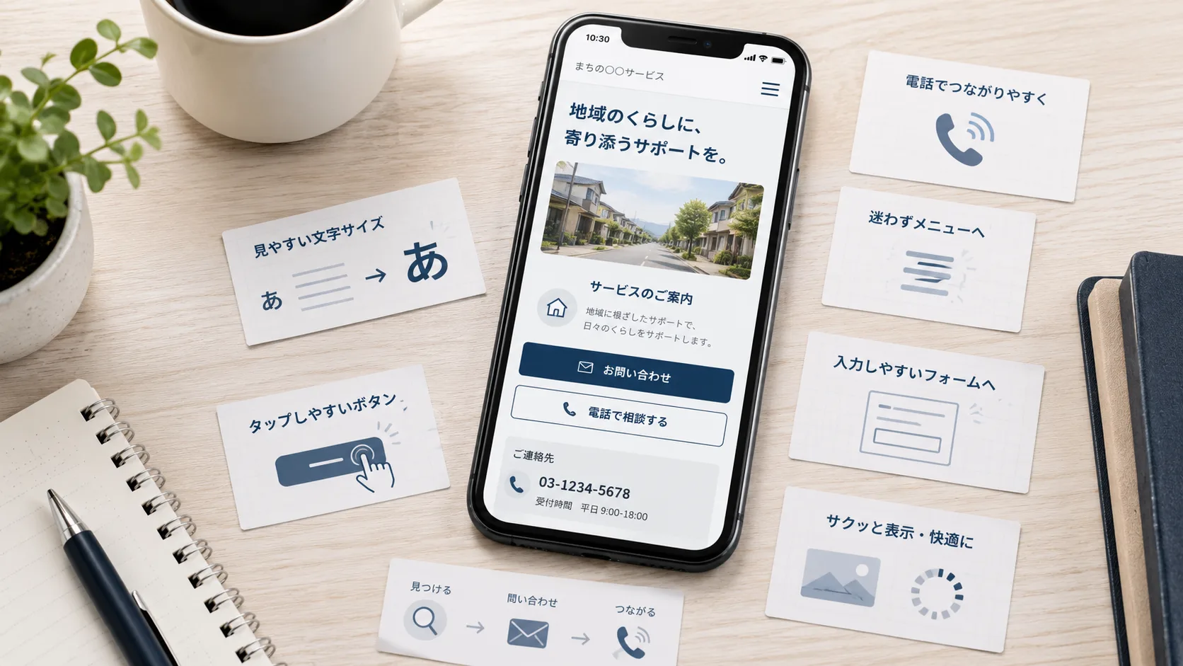 スマホで見やすい文字サイズや押しやすいボタン、問い合わせ導線を整理している机上のイメージ